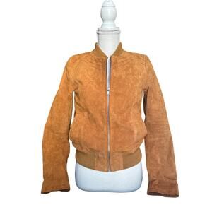 Suede Leather Bomber Jacket Cognac Small